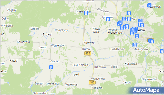 mapa Kurów gmina Zelów, Kurów gmina Zelów na mapie Targeo