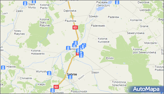 mapa Kurowice gmina Sabnie, Kurowice gmina Sabnie na mapie Targeo