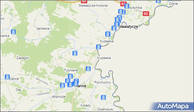 mapa Kuzawka gmina Hanna, Kuzawka gmina Hanna na mapie Targeo