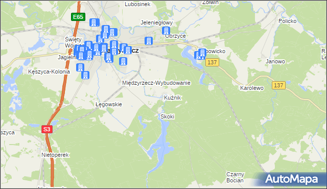 mapa Kuźnik gmina Międzyrzecz, Kuźnik gmina Międzyrzecz na mapie Targeo
