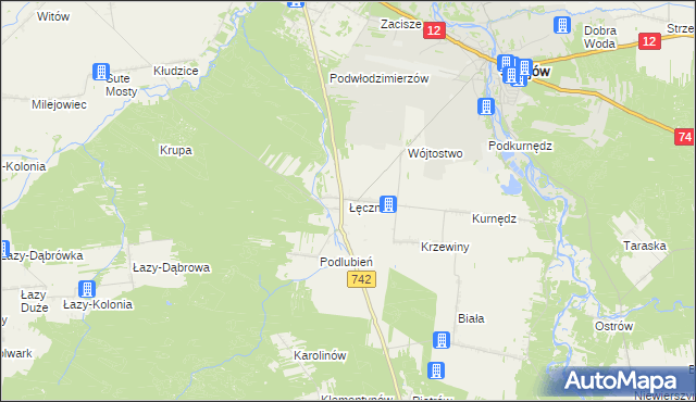 mapa Łęczno gmina Sulejów, Łęczno gmina Sulejów na mapie Targeo