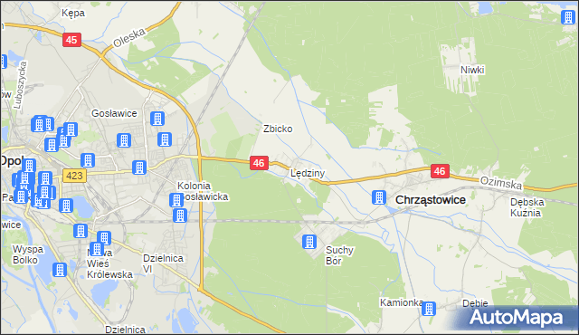 mapa Lędziny gmina Chrząstowice, Lędziny gmina Chrząstowice na mapie Targeo