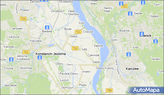 mapa Łęg gmina Konstancin-Jeziorna, Łęg gmina Konstancin-Jeziorna na mapie Targeo