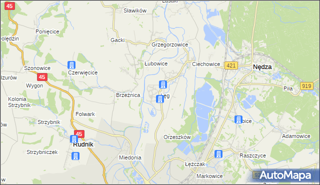 mapa Łęg gmina Nędza, Łęg gmina Nędza na mapie Targeo