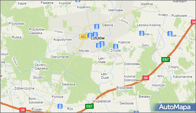 mapa Łęki Małe gmina Lututów, Łęki Małe gmina Lututów na mapie Targeo