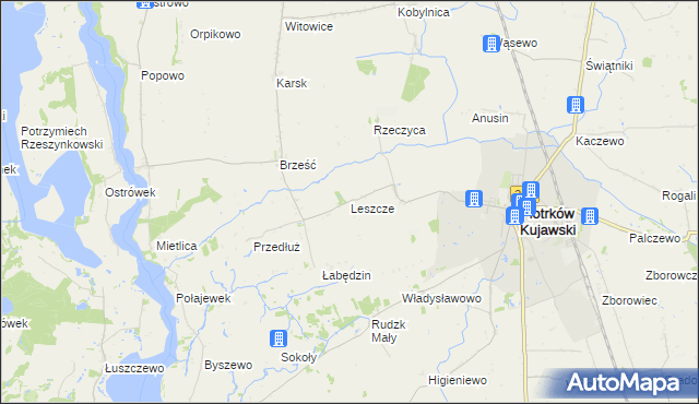 mapa Leszcze gmina Piotrków Kujawski, Leszcze gmina Piotrków Kujawski na mapie Targeo