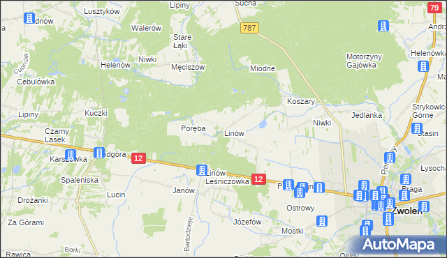 mapa Linów gmina Zwoleń, Linów gmina Zwoleń na mapie Targeo