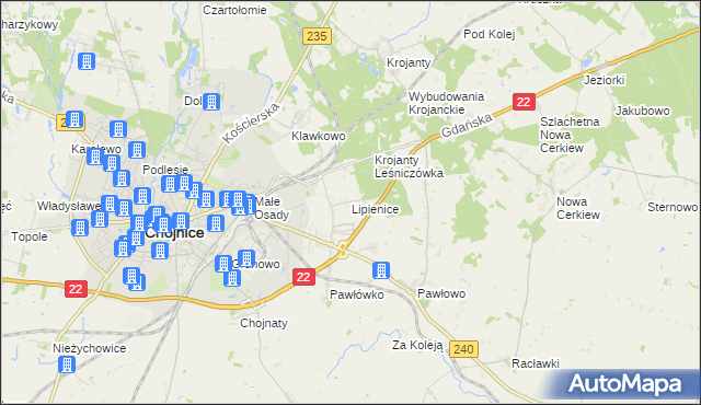 mapa Lipienice gmina Chojnice, Lipienice gmina Chojnice na mapie Targeo
