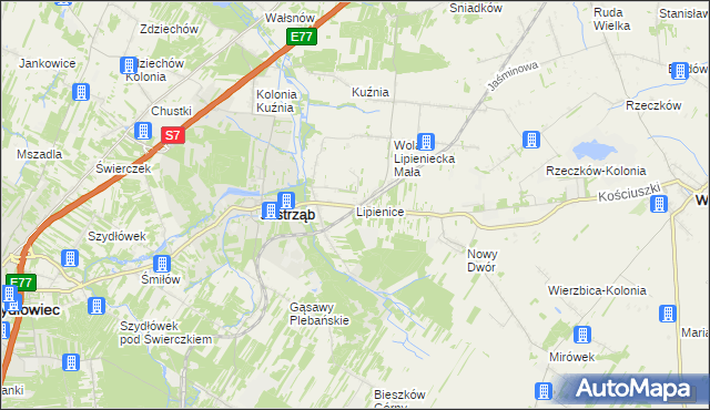 mapa Lipienice gmina Jastrząb, Lipienice gmina Jastrząb na mapie Targeo