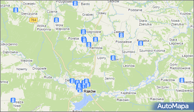 mapa Lipiny gmina Raków, Lipiny gmina Raków na mapie Targeo