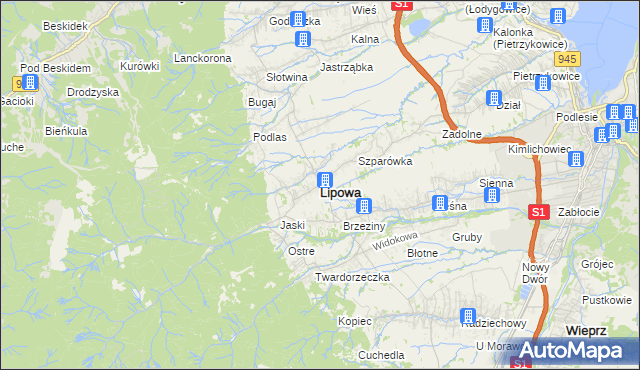 mapa Lipowa powiat żywiecki, Lipowa powiat żywiecki na mapie Targeo