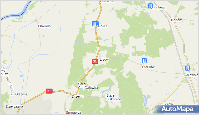 mapa Lisów gmina Słubice, Lisów gmina Słubice na mapie Targeo