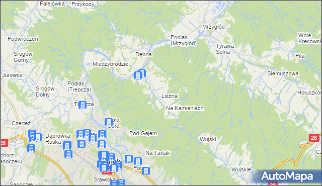 mapa Liszna gmina Sanok, Liszna gmina Sanok na mapie Targeo