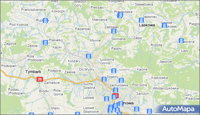 mapa Łososina Górna, Łososina Górna na mapie Targeo