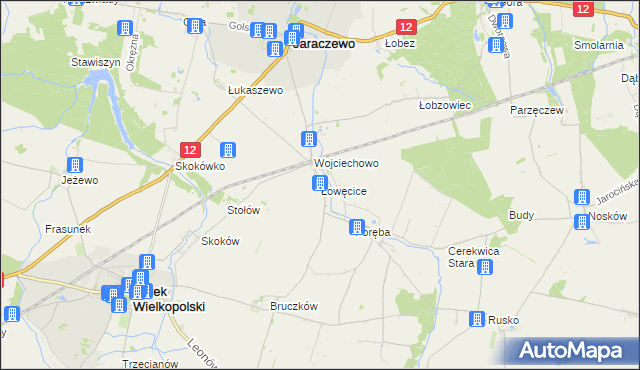 mapa Łowęcice gmina Jaraczewo, Łowęcice gmina Jaraczewo na mapie Targeo