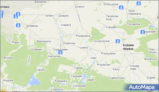 mapa Łowicz gmina Kobiele Wielkie, Łowicz gmina Kobiele Wielkie na mapie Targeo