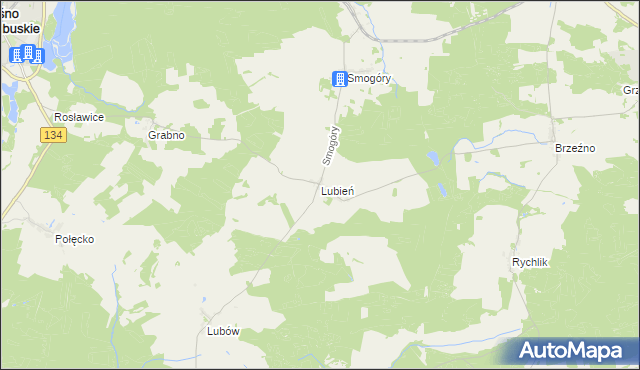 mapa Lubień gmina Ośno Lubuskie, Lubień gmina Ośno Lubuskie na mapie Targeo