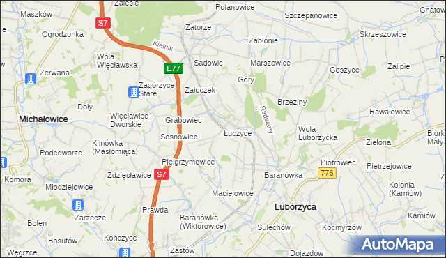 mapa Łuczyce gmina Kocmyrzów-Luborzyca, Łuczyce gmina Kocmyrzów-Luborzyca na mapie Targeo