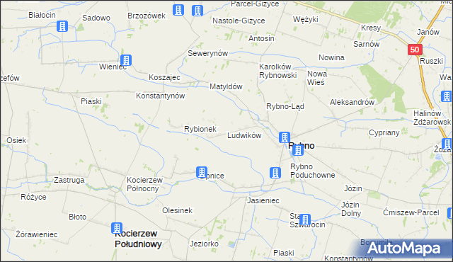 mapa Ludwików gmina Rybno, Ludwików gmina Rybno na mapie Targeo