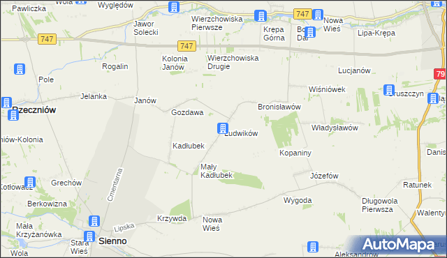 mapa Ludwików gmina Sienno, Ludwików gmina Sienno na mapie Targeo