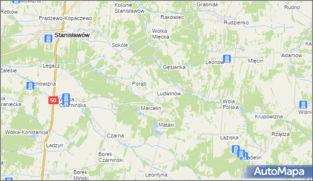 mapa Ludwinów gmina Jakubów, Ludwinów gmina Jakubów na mapie Targeo