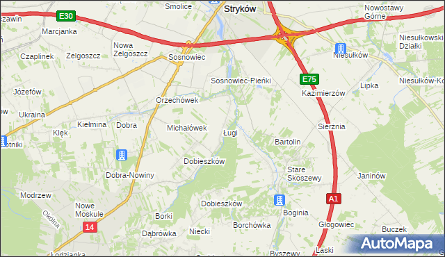 mapa Ługi gmina Stryków, Ługi gmina Stryków na mapie Targeo