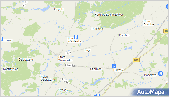 mapa Ługi gmina Zakrzewo, Ługi gmina Zakrzewo na mapie Targeo