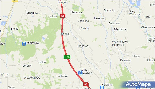 mapa Mąkolice gmina Głowno, Mąkolice gmina Głowno na mapie Targeo