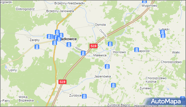 mapa Malewice, Malewice na mapie Targeo