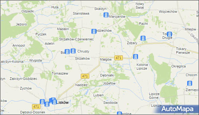 mapa Małgów gmina Lisków, Małgów gmina Lisków na mapie Targeo