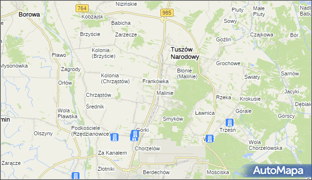mapa Malinie gmina Tuszów Narodowy, Malinie gmina Tuszów Narodowy na mapie Targeo