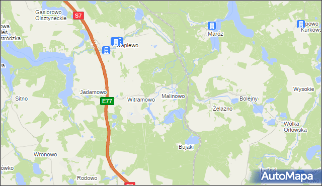 mapa Malinowo gmina Olsztynek, Malinowo gmina Olsztynek na mapie Targeo