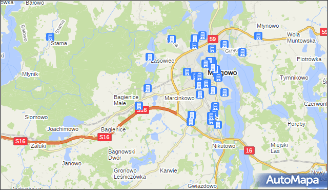 mapa Marcinkowo gmina Mrągowo, Marcinkowo gmina Mrągowo na mapie Targeo