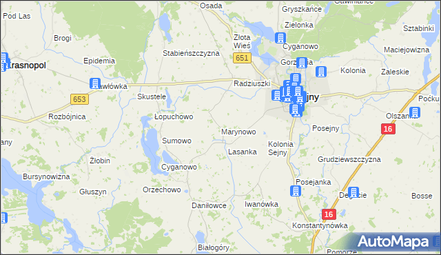 mapa Marynowo gmina Sejny, Marynowo gmina Sejny na mapie Targeo