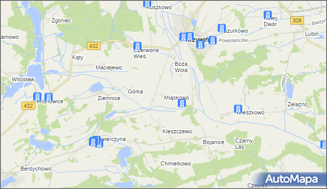 mapa Miąskowo gmina Osieczna, Miąskowo gmina Osieczna na mapie Targeo