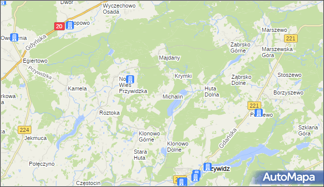 mapa Michalin gmina Przywidz, Michalin gmina Przywidz na mapie Targeo