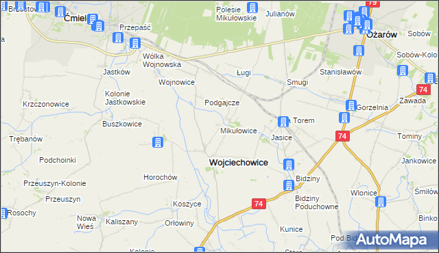 mapa Mikułowice gmina Wojciechowice, Mikułowice gmina Wojciechowice na mapie Targeo