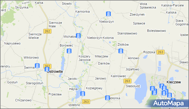 mapa Miłaczew gmina Kleczew, Miłaczew gmina Kleczew na mapie Targeo