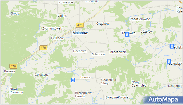 mapa Miłaczew gmina Malanów, Miłaczew gmina Malanów na mapie Targeo