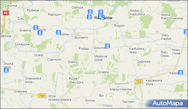mapa Młodynie Dolne, Młodynie Dolne na mapie Targeo