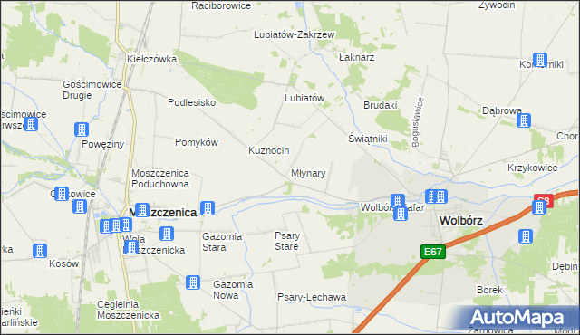 mapa Młynary gmina Wolbórz, Młynary gmina Wolbórz na mapie Targeo