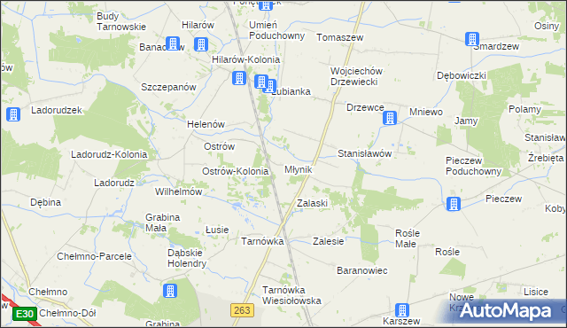 mapa Młynik gmina Olszówka, Młynik gmina Olszówka na mapie Targeo