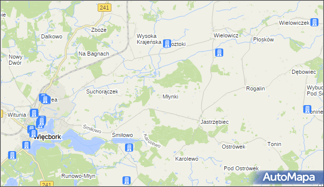 mapa Młynki gmina Więcbork, Młynki gmina Więcbork na mapie Targeo