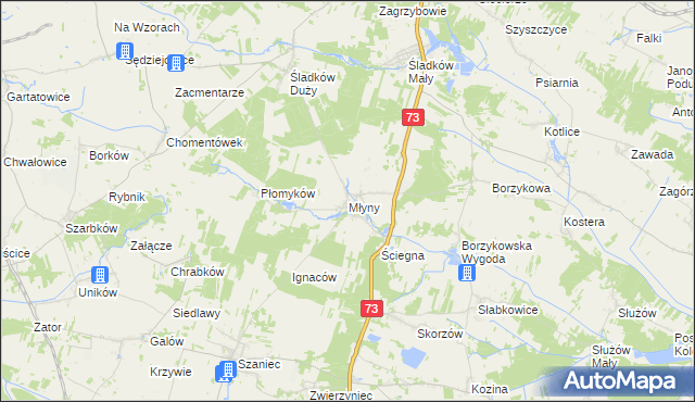 mapa Młyny gmina Busko-Zdrój, Młyny gmina Busko-Zdrój na mapie Targeo