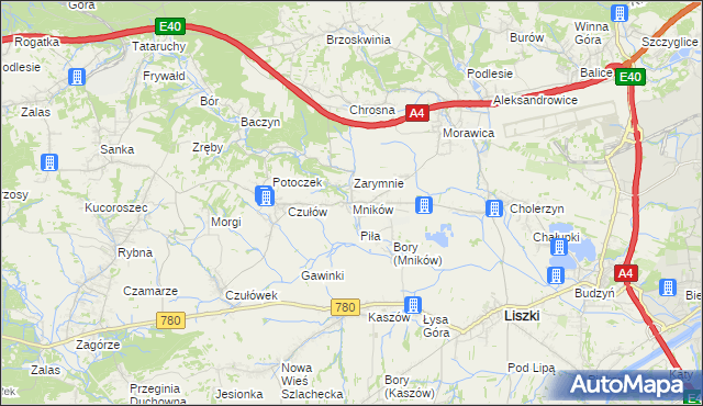 mapa Mników gmina Liszki, Mników gmina Liszki na mapie Targeo