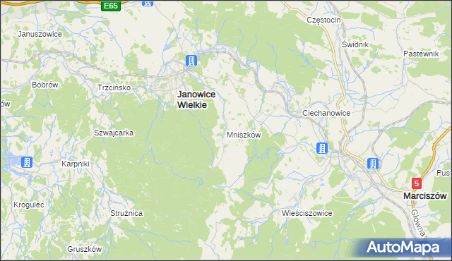 mapa Mniszków gmina Janowice Wielkie, Mniszków gmina Janowice Wielkie na mapie Targeo