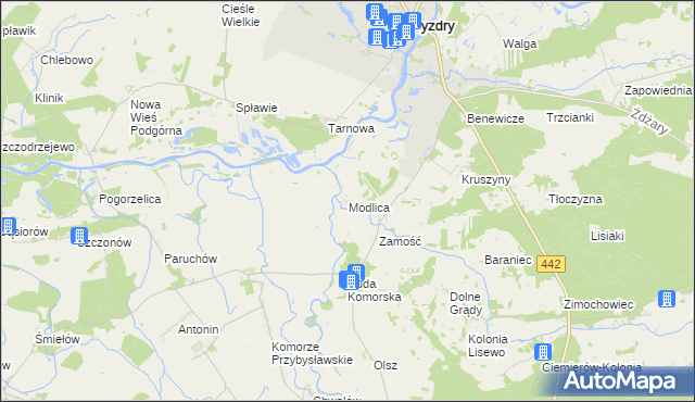 mapa Modlica gmina Pyzdry, Modlica gmina Pyzdry na mapie Targeo