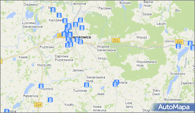 mapa Mrozy gmina Sierakowice, Mrozy gmina Sierakowice na mapie Targeo