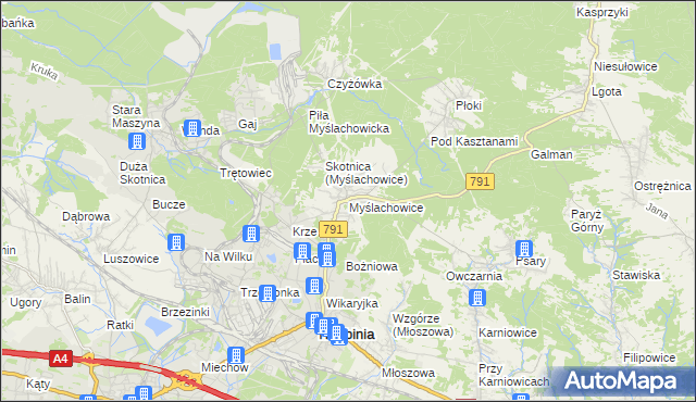 mapa Myślachowice, Myślachowice na mapie Targeo
