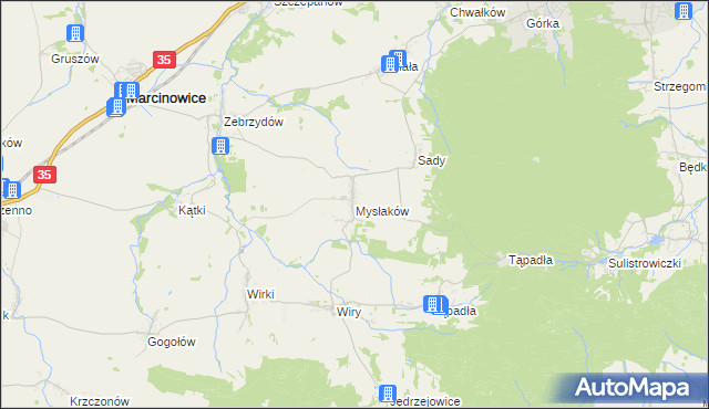 mapa Mysłaków gmina Marcinowice, Mysłaków gmina Marcinowice na mapie Targeo
